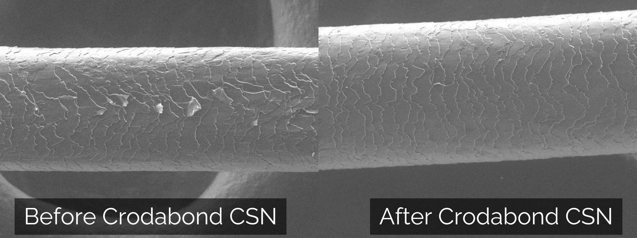 A side by side extreme close-up showing the same hair follicle before and after Crodabond CSN has been applied. On the left you can se obviously raised cuticles. On the right these have been smoothed down,