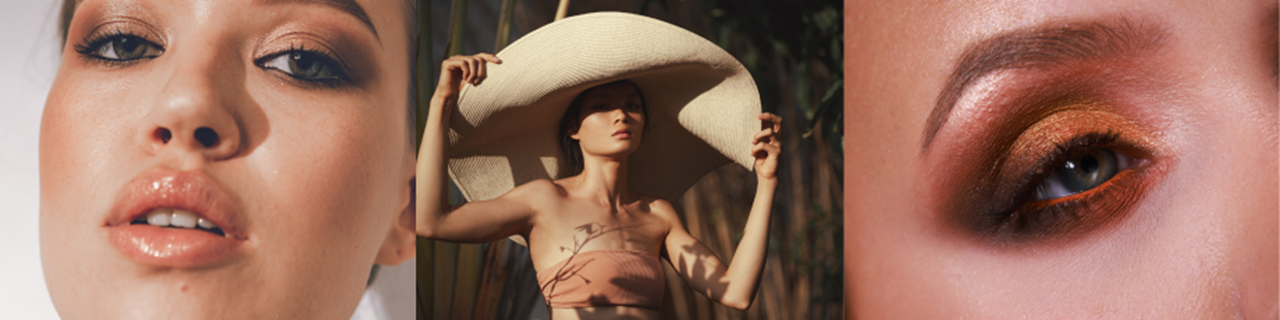 Girl with eye makeup and lip gloss, girl with sun hat, close up of eye with eyeshadow