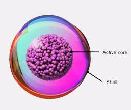 Diagram of a core shell capsule skin care encapsulation showing a core of an active ingredient surrounded by a shell.
