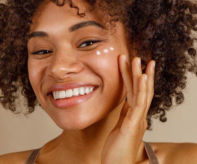 woman applying white face cream in dots across face